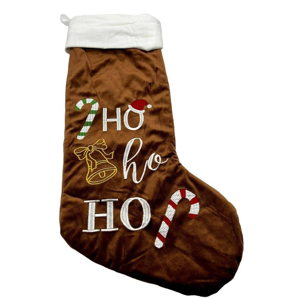 Ho Ho Ho Christmas Stocking Brown Velour Candy Canes Quilted Lining‎ 21 inch